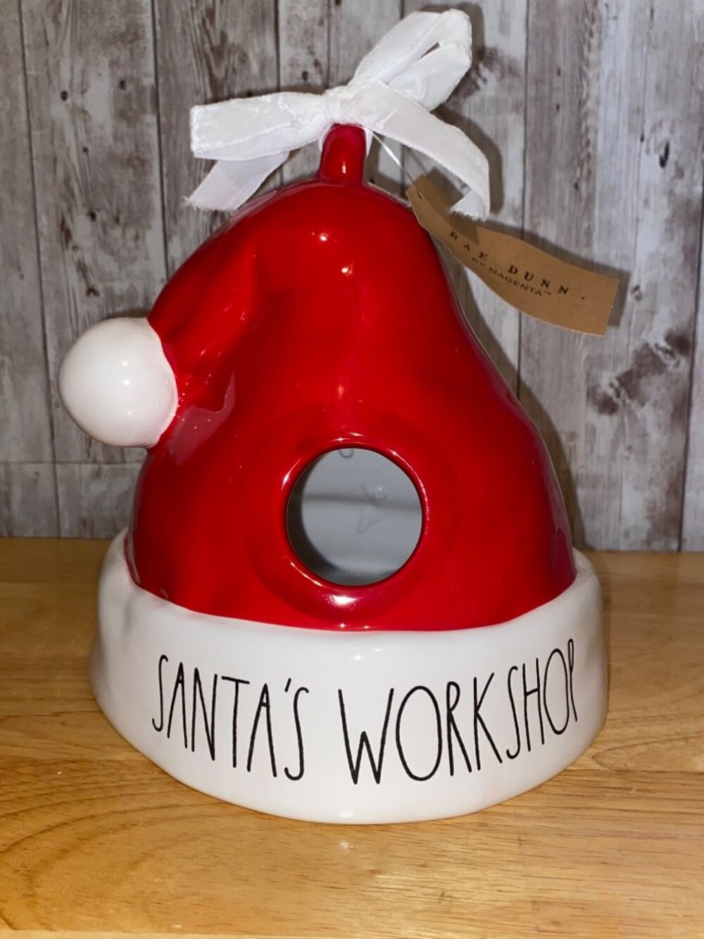 Rae Dunn Santa's Workshop Santa Hat Birdhouse 8" Christmas Holiday Decor